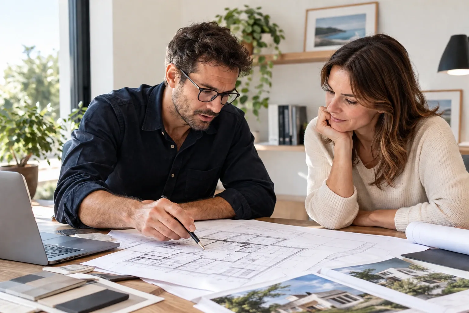 Architecte et cliente étudiant les plans d’une maison