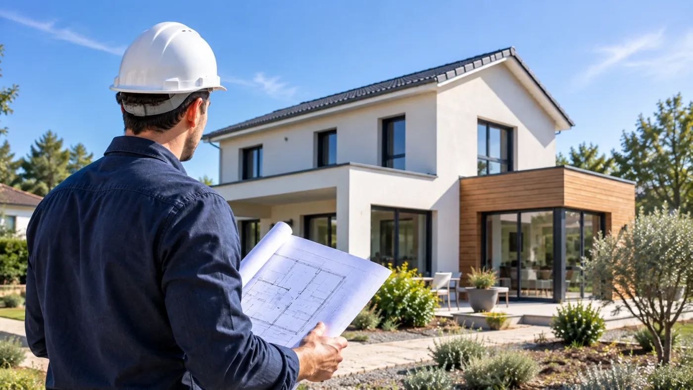 Architecte préparant un permis de construire devant une maison