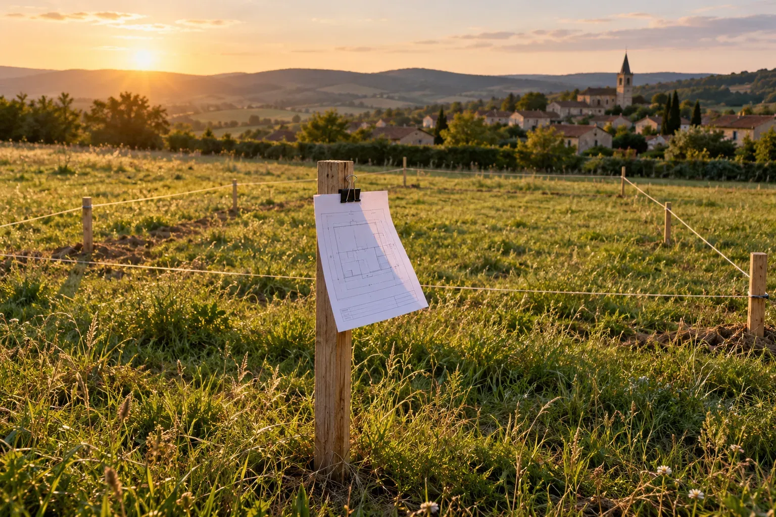 Terrain à bâtir délimité par des piquets et des cordeaux, avec un plan accroché, à l’entrée d’un village