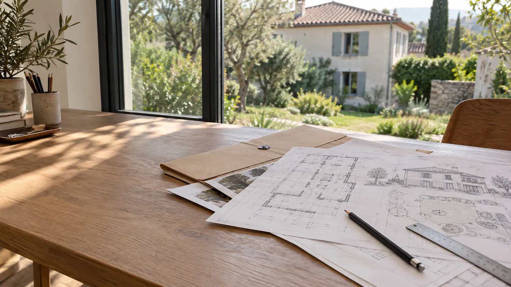 Plans et dossier de permis de construire posés sur un bureau